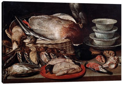Still Life Showing Birds, Shells And Pottery Canvas Art Print