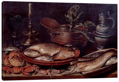 Still Life Showing Fishes And Shellfishes, 1611 Canvas Art Print - Dutch Golden Age Art