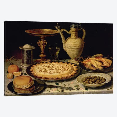 Still Life With A Tart, Roast Chicken, Bread, Rice And Olives Canvas Print #BMN7463} by Clara Peeters Canvas Art