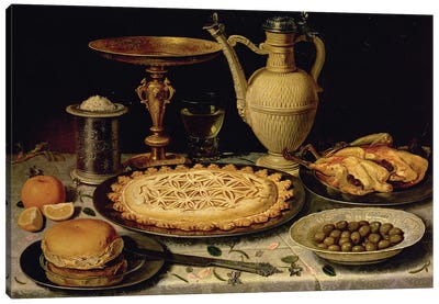Still Life With A Tart, Roast Chicken, Bread, Rice And Olives Canvas Art Print