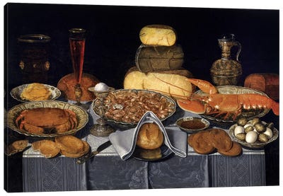 Still Life With Crab, Shrimps And Lobster, c.1635-40 Canvas Art Print - Bread