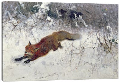 Fox Being Chased through the Snow Canvas Art Print