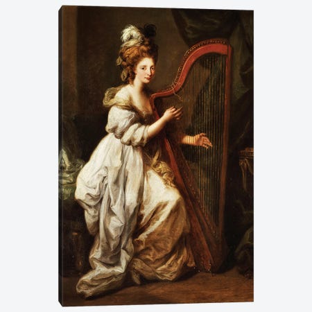 Portrait Of Elizabeth Ewer, Seated In A White Dress With A Yellow Shawl, Playing A Harp, c.1768-73 Canvas Print #BMN7516} by Angelica Kauffmann Art Print
