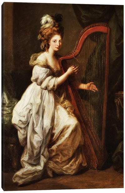 Portrait Of Elizabeth Ewer, Seated In A White Dress With A Yellow Shawl, Playing A Harp, c.1768-73 Canvas Art Print