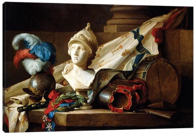 A Bust Of Minerva With Armour And Weapons On A Stone Ledge, 1777 Canvas Art Print