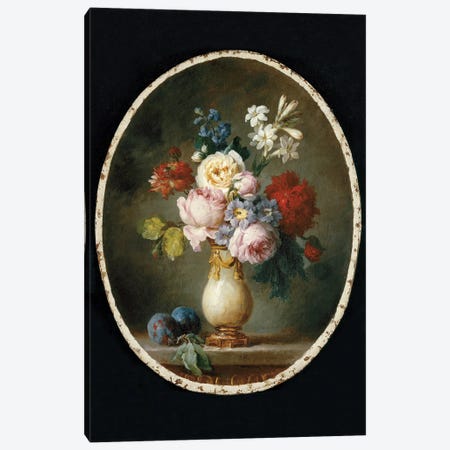 A Vase Of Flowers And Two Plums On A Marble Tabletop, 1781 Canvas Print #BMN7566} by Anne Vallayer-Coster Canvas Wall Art