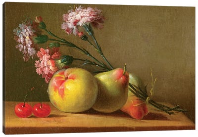 Carnations, Pears, Cherries And Apple On A Table Canvas Art Print
