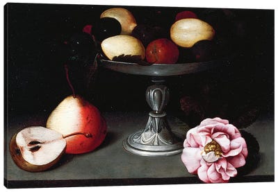Stand With Plums, Pears And A Rose, c.1602 Canvas Art Print - Apple Art