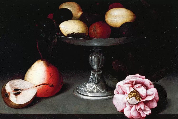 Stand With Plums, Pears And A Rose, c.1602