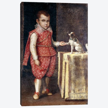 Portrait Of A Boy, Wearing A Silver-Embroidered Red Costume, Holding The Paw Of A Spaniel On A Table Canvas Print #BMN7621} by Lavinia Fontana Canvas Art