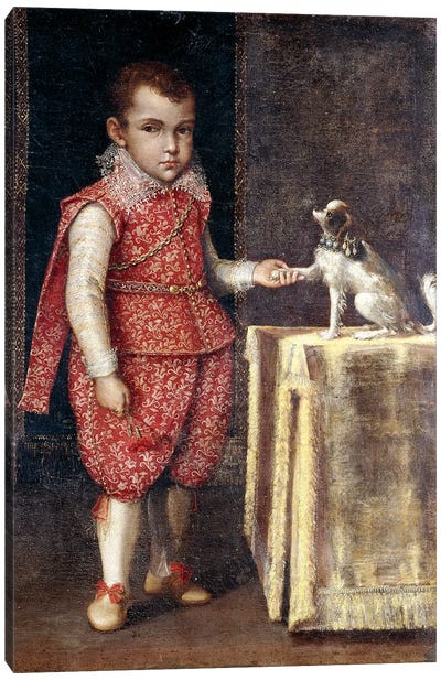 Portrait Of A Boy, Wearing A Silver-Embroidered Red Costume, Holding The Paw Of A Spaniel On A Table Canvas Art Print - Lavinia Fontana