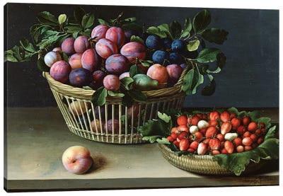 Basket Of Plums And Basket Of Strawberries, 1632 Canvas Art Print