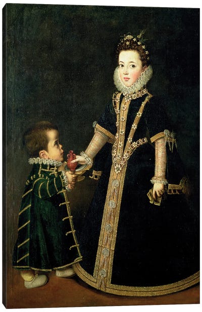 Girl With A Dwarf, Thought To Be A Portrait Of Margarita Of Savoy, Daughter Of The Duke And Duchess Of Savoy, c.1595 Canvas Art Print