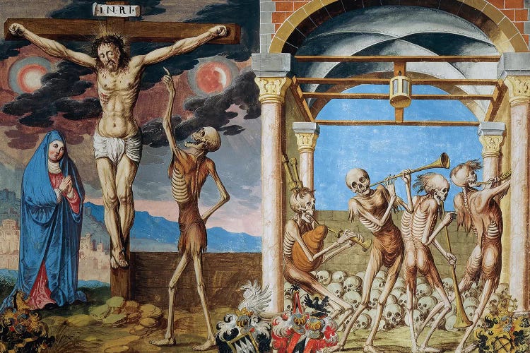 Death At The Foot Of The Cross, Skeletons Dancing In Ossuary From The Dance Of Death Cycle By Albrecht Kauw, 1649