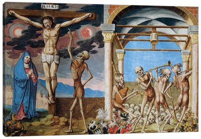 Death At The Foot Of The Cross, Skeletons Dancing In Ossuary From The Dance Of Death Cycle By Albrecht Kauw, 1649 Canvas Art Print