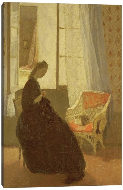Woman Sewing At A Window Canvas Art Print - Knitting & Sewing