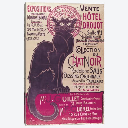 Poster advertising an exhibition of the 'Collection du Chat Noir' cabaret at the Hotel Drouot, Paris, May 1898  Canvas Print #BMN809} by Theophile Alexandre Steinlen Canvas Artwork