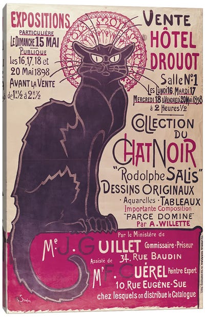 Poster advertising an exhibition of the 'Collection du Chat Noir' cabaret at the Hotel Drouot, Paris, May 1898  Canvas Art Print - Black Cat Art
