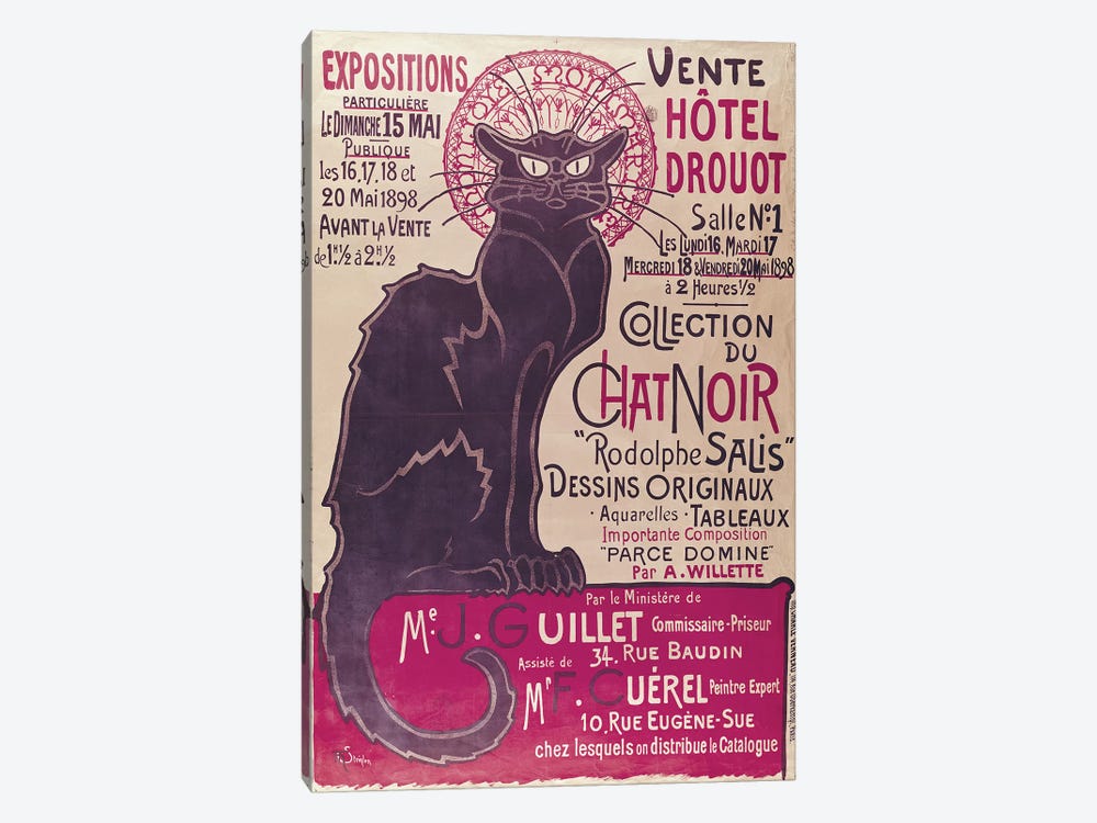 Poster advertising an exhibition of the 'Collection du Chat Noir' cabaret at the Hotel Drouot, Paris, May 1898  by Theophile Alexandre Steinlen 1-piece Canvas Art Print
