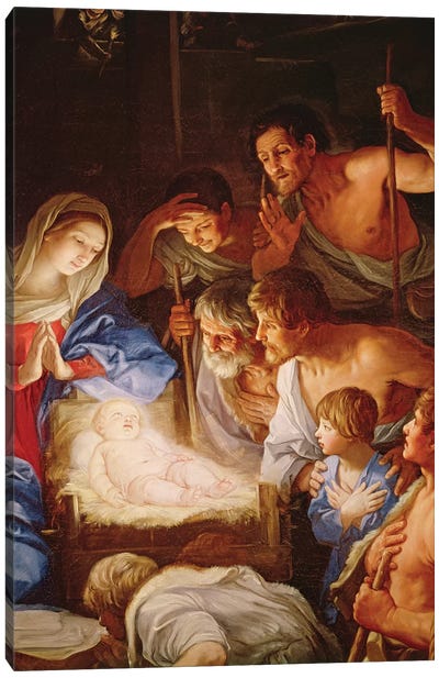 The Adoration of the Shepherds, detail of the group surrounding Jesus  Canvas Art Print - Nativity Scene Art
