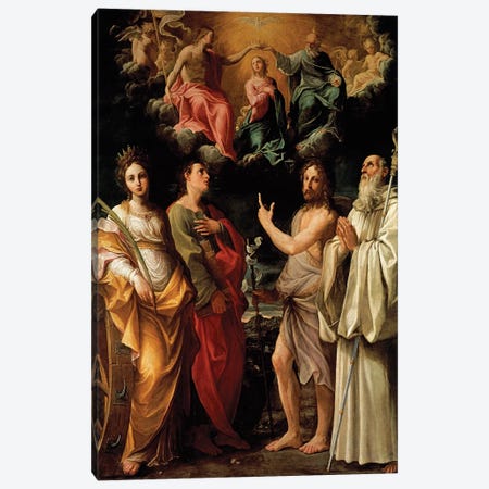 The Coronation of the Virgin with Four Saints (Catherine of Alexandria, John the Evangelist, John the Baptist and Bernard) Canvas Print #BMN8196} by Guido Reni Art Print