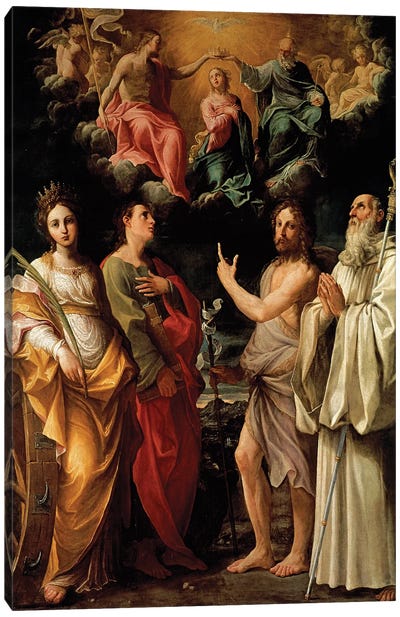 The Coronation of the Virgin with Four Saints (Catherine of Alexandria, John the Evangelist, John the Baptist and Bernard) Canvas Art Print