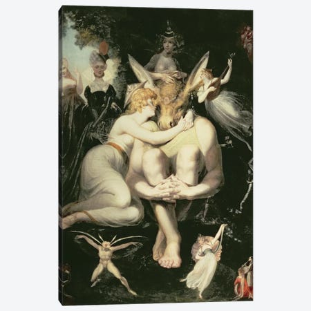 Titania Awakes, Surrounded by Attendant Fairies, clinging rapturously to Bottom, still wearing the Ass's Head, 1793-4 Canvas Print #BMN8203} by Henry Fuseli Canvas Artwork