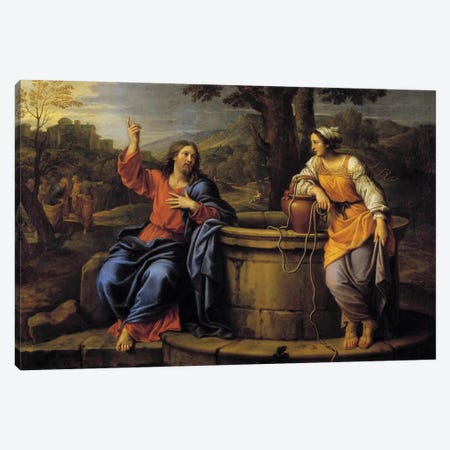 Jesus and Samaritan Jesus sitting to rest meets a Samaritan who came to draw water and asks her to drink.  Canvas Print #BMN8258} by Pierre Mignard Canvas Art Print