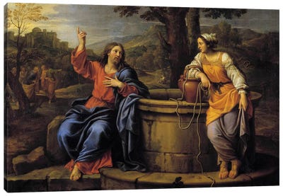 Jesus and Samaritan Jesus sitting to rest meets a Samaritan who came to draw water and asks her to drink.  Canvas Art Print - Baroque Art