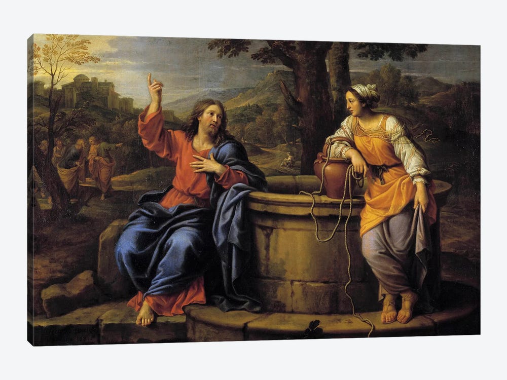 Jesus and Samaritan Jesus sitting to rest meets a Samaritan who came to draw water and asks her to drink.  by Pierre Mignard 1-piece Canvas Artwork
