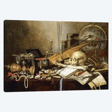 A Vanitas Still Life (Instruments, Manuscripts, Goblet, Jewellery, Candlestick, Globe, Jewels, Shells, Bones & Hour-Glass, 1653 Canvas Print #BMN8264} by Pieter Claesz Canvas Print