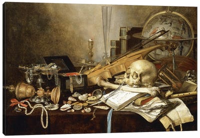 A Vanitas Still Life (Instruments, Manuscripts, Goblet, Jewellery, Candlestick, Globe, Jewels, Shells, Bones & Hour-Glass, 1653 Canvas Art Print