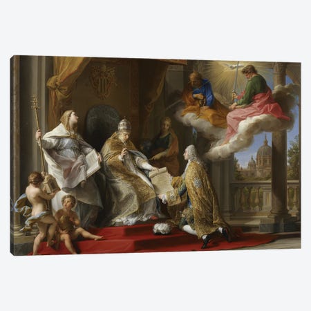 Pope Benedict XIV presenting the Encyclical 'Ex Omnibus' to the Comte de Stainville, later Duc de Choiseul, 1757  Canvas Print #BMN8287} by Pompeo Girolamo Batoni Canvas Art Print