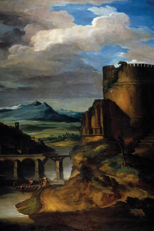 Great landscape of Italy Landscape of ruins, tower and bridge. 19th century Sun