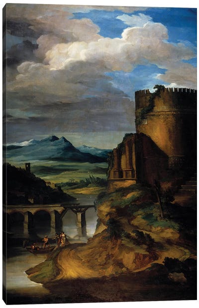 Great landscape of Italy Landscape of ruins, tower and bridge. 19th century Sun Canvas Art Print