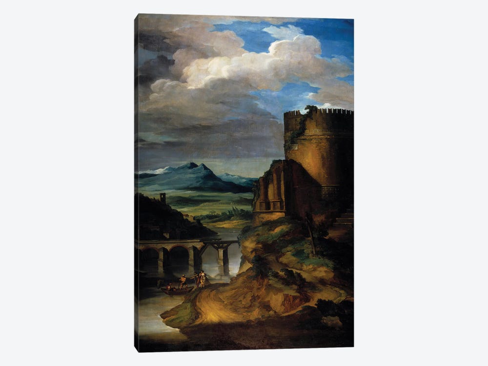 Great landscape of Italy Landscape of ruins, tower and bridge. 19th century Sun by Theodore Gericault 1-piece Art Print