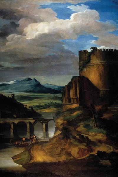 Romanticism: Great landscape of Italy Landscape of ruins, tower and bridge. 19th century Sun by Theodore Gericault