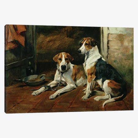 Hounds in a Stable Interior Canvas Print #BMN835} by John Emms Canvas Art