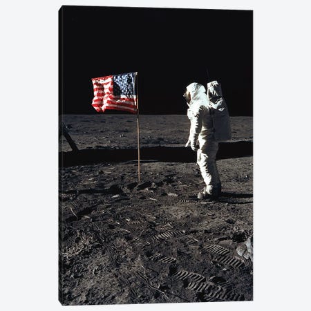 American Astronaut Edwin "Buzz" Aldrin walking on the moon on July 20, 1969 during Apollo 11 mission Canvas Print #BMN8493} by Rue Des Archives Art Print