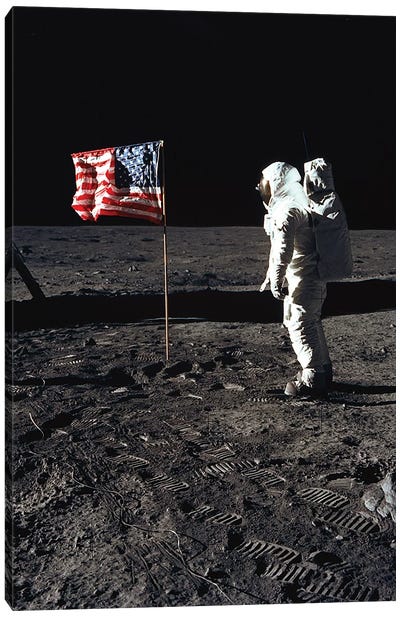 American Astronaut Edwin "Buzz" Aldrin walking on the moon on July 20, 1969 during Apollo 11 mission Canvas Art Print - Vintage & Retro Photography