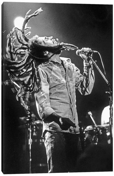 Bob Marley in Reggae concert at Roxy, Los Angeles on May 26, 1976 Canvas Art Print - Vintage & Retro Photography
