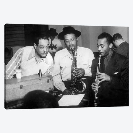 Duke Ellington with Ben Webster and Jimmy Hamilton at Carnegie Hall, 1948  Canvas Print #BMN8533} by Rue Des Archives Canvas Artwork