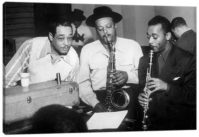 Duke Ellington with Ben Webster and Jimmy Hamilton at Carnegie Hall, 1948  Canvas Art Print - Duke Ellington