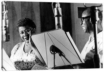 Ella Fitzgerald & Louis Armstrong at Decca Records, New York, 1950 Canvas Art Print - Black & White Photography