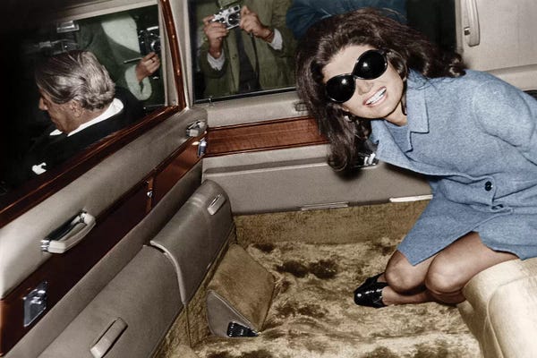 Vintage & Retro Photography: Jackie Kennedy Onassis leaving London airport, Aristotle Onassis driving, 15th November 1968  by Rue Des Archives