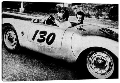 The American Actor James Dean driving his Porsche Spider 550A with Rolf Wutherlich , in 1955 Canvas Art Print - Vintage & Retro Photography
