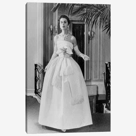 White evening dress by Dior, February 1958 Canvas Print #BMN8655} by Rue Des Archives Canvas Wall Art