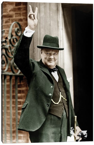 Winston Churchill Making the Victory Gesture In Front of 10 Downing Street, June 1943 Canvas Art Print - Historical Art