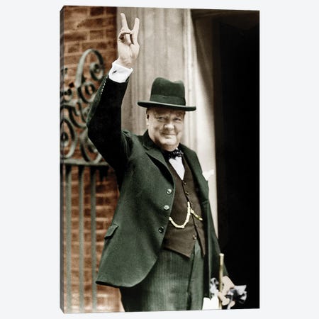 Winston Churchill Making the Victory Gesture In Front of 10 Downing Street, June 1943 Canvas Print #BMN8657} by Rue Des Archives Canvas Artwork