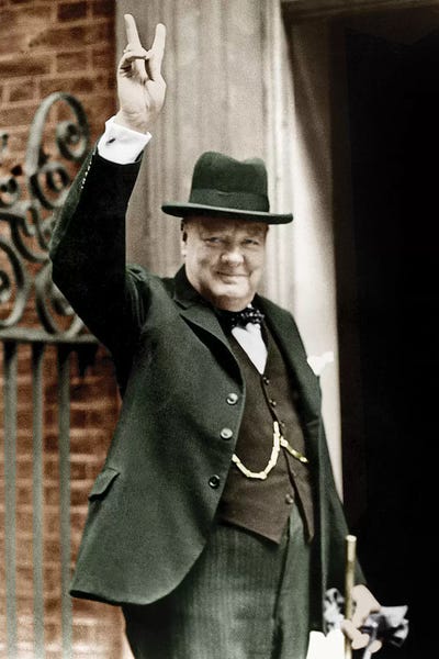 Winston Churchill: Winston Churchill Making the Victory Gesture In Front of 10 Downing Street, June 1943 by Rue Des Archives